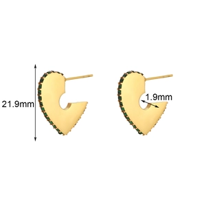 Detailed measurement of gold micro-pave hoop earrings with green zircon accents