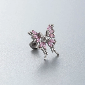 Ohrknorpelstecker mit rosa Zirkonia-Schmetterling aus poliertem Edelstahl