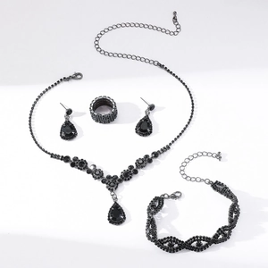 Elegante set di gioielli a quattro pezzi con strass neri collana e orecchini