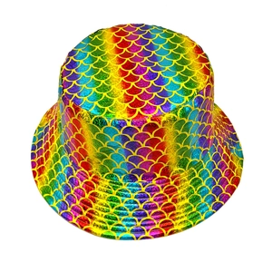 Top-down view of rainbow fish scale pattern on metallic coated bucket hat fabric