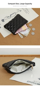 Close-up of quilted black PU leather coin purse with multiple slots and metal zipper