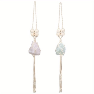 Natural Crystal Stone Hanging Ornament Hand Woven Cotton Rope Tassel Boho Wall Decor Car Interior Pendant Wooden Beads