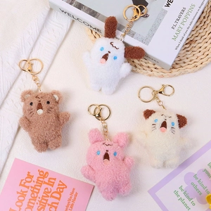Cute plush animal keychains in bear and bunny styles with gold metal lobster clips