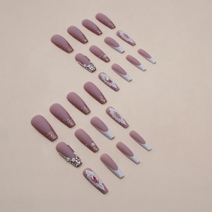 French style purple floral press-on nails with sparkling rhinestones in long coffin shape