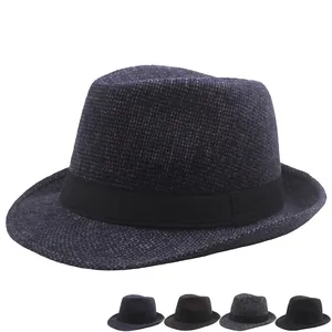 Classic men's wool jazz fedora hat in dark blue with knit texture and black ribbon band