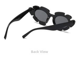 Detail view of flower-shaped sunglasses frame back with temple model specifications