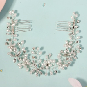 Elegant bridal headband with white pearls and clear rhinestones on silver wire