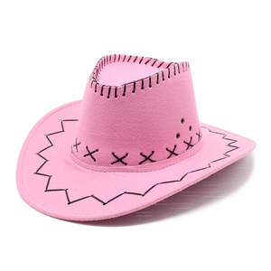 Close-up of pink western cowboy hat featuring black decorative stitching and side air vents