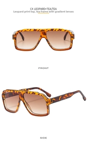 Detail view of leopard print frame sunglasses with tea gradient lenses from front and side