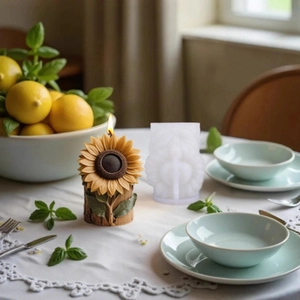 3D zonnebloem siliconen mal met realistische kaars op decoratieve houten voet