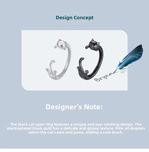 Detailed view of S925 silver black cat open ring with pink enamel ears and paws