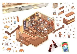 Detailed view of DIY 3D miniature stickers featuring a cute Japanese conveyor belt sushi shop