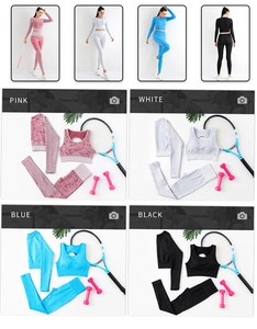Detailansicht des 3-teiligen Yoga-Sets mit Sport-BH, Langarmshirt und Leggings in vier Farben