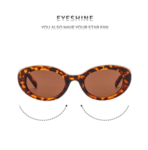 Detailed view of oval tortoiseshell sunglasses with brown lenses on white background