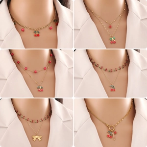 Collier Pendentif Cerise Acier Inoxydable Superposé Bijoux Mignon Fruits Noeud Design Avec Inscription Pour Femmes Filles