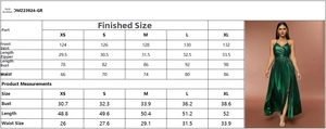 Detailed size chart with measurements for the vintage ruched split maxi camisole dress