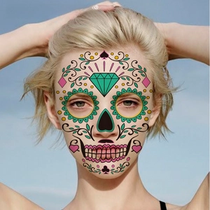 Luminous Day of the Dead face tattoo sticker with colorful sugar skull floral designs