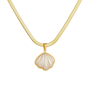 Elegant gold snake chain necklace featuring a white shell pendant with pearl luster
