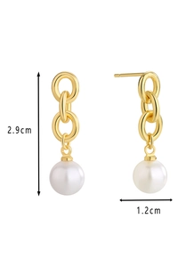 Detail view of gold-plated brass chain earrings with white shell pearl and dimensions