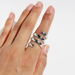 Silver multi-layer spiral snake ring in bamboo design with adjustable open cuff for women