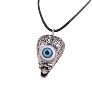 Retro silver skull pendant necklace with blue evil eye on black cord for men