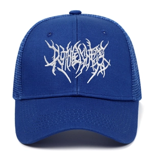 Dunkelblaue Gothic Street Punk Trucker Cap mit weißer 3D-Stickerei auf der Front