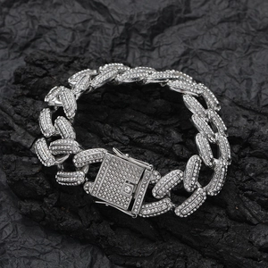 Hip hop silver Cuban link bracelet with iced out rhinestones and square buckle closure
