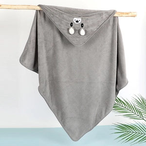 Detailed view of gray coral fleece hooded baby towel with cute animal embroidery