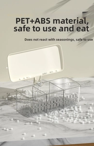 Close-up of a three-compartment transparent spice box made of high-quality PET and ABS