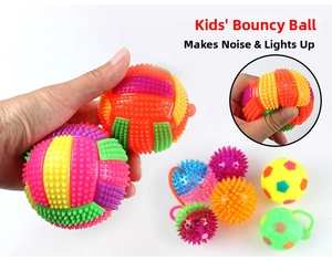 Detail of colorful spiky massage balls with built-in glowing light and squeaky sound