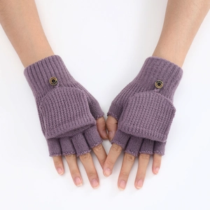 Detail of purple knitted fingerless gloves with a flip top cover and fashion buttons