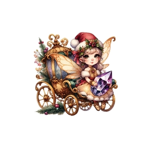 Cartoon Christmas fairy wall sticker with a festive pixie in a golden pumpkin carriage