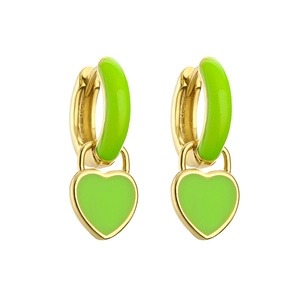 Close-up of neon green enamel heart charms on gold-plated hoops with a glossy finish