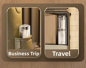 Transparent travel wash cup shown in a backpack side pocket and a suitcase for travel