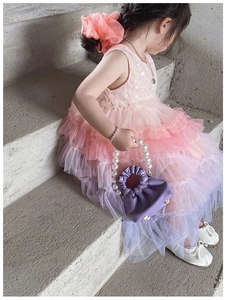 Pink gradient mesh tulle dress for girls paired with a purple pearl handle handbag