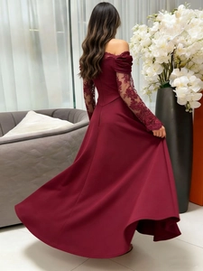 Elegant wine red off-shoulder lace maxi dress with long sleeves and flowing skirt