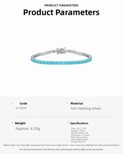 Detailed specs of 2mm 5A turquoise cubic zirconia tennis bracelet in S925 sterling silver
