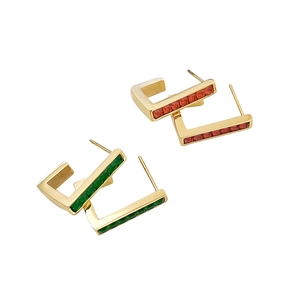 Elegant gold stainless steel rectangular earrings with green and orange crystals