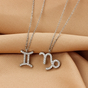 Silver zodiac necklaces for Gemini and Capricorn with sparkling zircon inlay on silk background