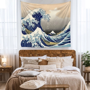 Dettaglio dell'arazzo Grande Onda di Kanagawa con cuciture e trama del tessuto