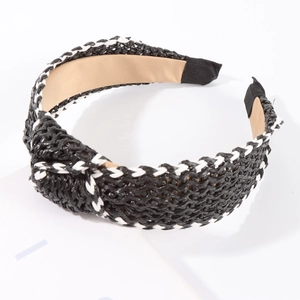 Serre-tête en raphia tressé noir et blanc avec nœud croisé pour un style de vacances