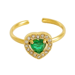Double layer 18K gold plated heart ring with emerald green stone and adjustable band