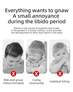 Visual guide showing infant teething issues like hand biting and crying for baby toys