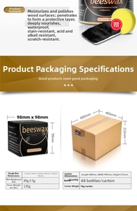 Detail view of 80g furniture beeswax with round sponge and cleaning cloth accessories