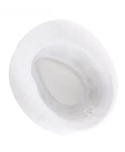 Detail view of white paper straw fedora hat showing inner sweatband and size 58 label