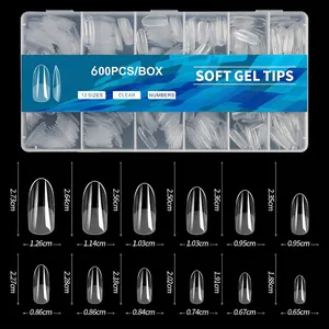 Size chart showing exact length and width measurements for frosted ballet fake nail tips