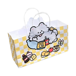 Cute cartoon puppy gift bag with yellow plaid pattern and sturdy white rope handles