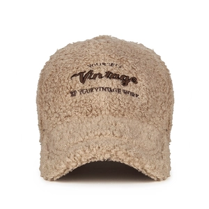 Winter lamb wool baseball cap with vintage embroidery in beige for a cozy stylish look
