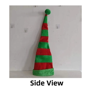 Side view of long striped Christmas elf hat in velvet red and green with pompom