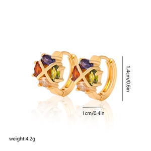 Detail of gold hoop earrings with multi-color marquise stones and X-shape design